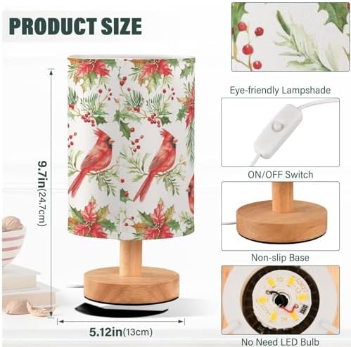 Christmas Red Bird Green Leafs Holy Berry Bedside Table Lamps with USB Port for Bedroom Lamp Small Nightstand Lamp Linen Shade Wooden Decorative Lamps for Winter Holiday Living Room Home Dorm Kids