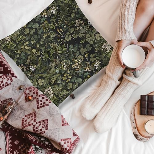 Dark Green Botanical Pillow Covers 18x18 Double-Sided, Plant Room Decor, Vintage Rustic Cottagecore Forest Fern Leaves and Wildflower Decorative Throw Pillow Covers