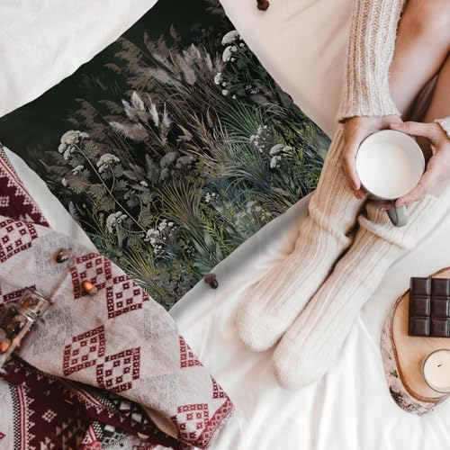 Moody Meadow Botanical Pillow Cover 18x18 Double-Sided, Dark Academia Cottagecore Nature Forest Green Pampas Grass Wildflower Decorative Throw Pillow Cover for Home Bedroom Living Room