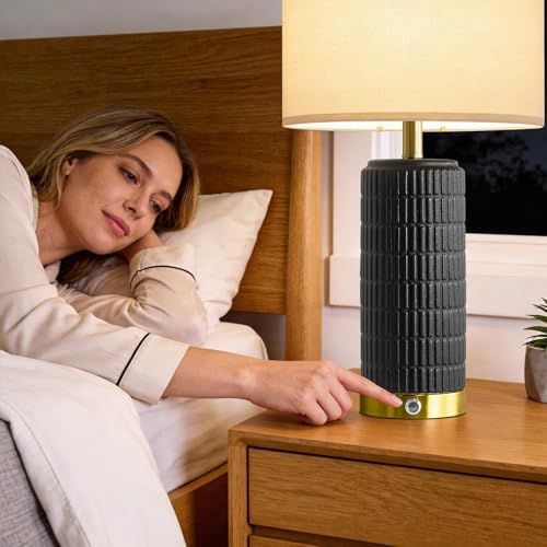 PoKat Ceramic Table Lamps Set of 2 for Living Room, 25'' Modern Touch Bedside Lamps for Bedroom with 2 USB Ports, Farmhouse Black Matte-Textured Nightstand Lamps Office Home Decor (Bulbs Included)