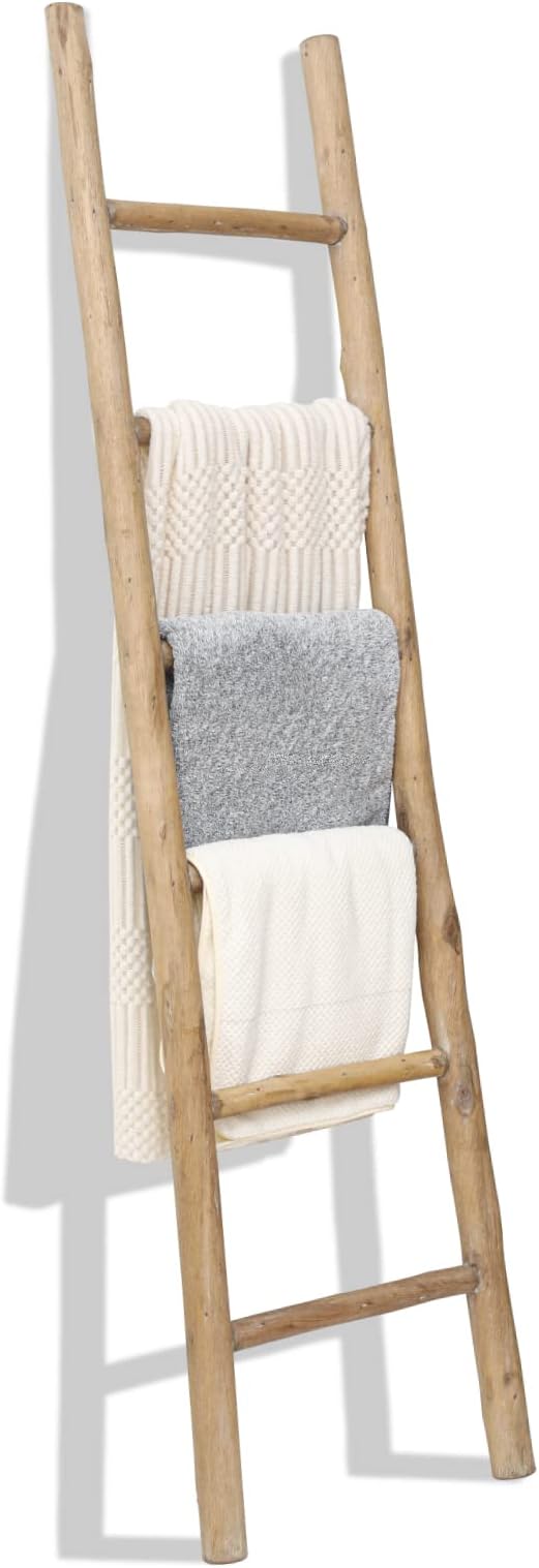 FUIN Blanket Ladder, 6ft Rustic Solid Wood Decorative Ladder, Brown | Farmhouse living room accent, Layered blanket towel quilt display, Visible wood grain, Bathroom and Bedroom use