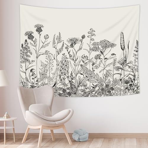 Riyidecor Floral Tapestry Wall Hanging Home Decor 59Wx51H Inch Vintage Blossom Flower Living Room Decor for Men Women Modern Aesthetic Sketch Botanical Plant Herbs Nature for Bedroom Dorm