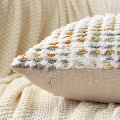 Aeckself Boho Chenille Tufted Pillow Cover 20 x 20 Inch, Decorative Square Throw Pillow Cover Neutral Pillowcase for Couch Bedroom Living Room, Yellow White