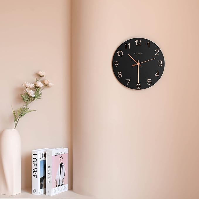 mooas Flatwood Wall Clock (Black),12" Non-Ticking Sweep Movement | Decorative Modern Battery Operated Decorative Wall Clock for Home Living Room Kitchen Bedroom Office School Cafe Hotel