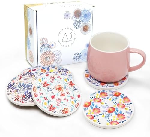 AD Set of 6 Coasters for Drinks Absorbing Round Ceramic Stone Coaster with Cork Base Tabletop Protection Mat for Mugs and Cups,Office,Kitchen (Watercolor Flowers)