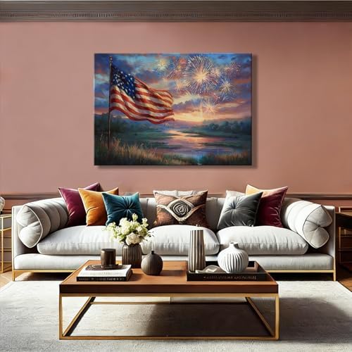 RIBNTAK 4th of July Canvas Art – Vibrant American Flag & Fireworks, Patriotic Wall Art for Independence Day, Perfect for Living Room, Office, Holiday Decorations and Inspirational Artwork