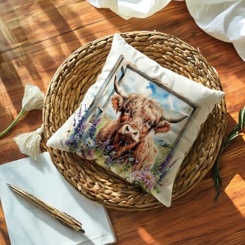 Highland Cow Decorative Throw Pillow Covers with Wildflowers 18x18 Inch Farmhouse Rustic Cushion Cover Western Cows Pillowcase 2Pack for Couch Sofa (Blue)