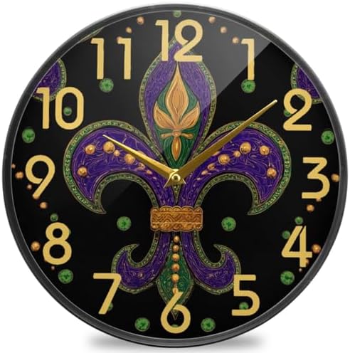 Naanle Mardi Gras Holiday Fleur De Lis Round Wall Clock, 12 Inch Silent Battery Operated Quartz Analog Quiet Desk Clock for Home,Office,School