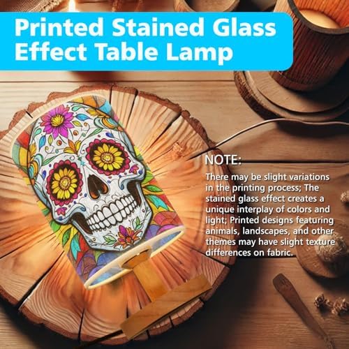 Day of The Dead Table Lamp LED 3-Color Pressed Bedside, Day of The Dead Shade Lamp with Wood Base for Bedroom Living Room Desk Office TL01
