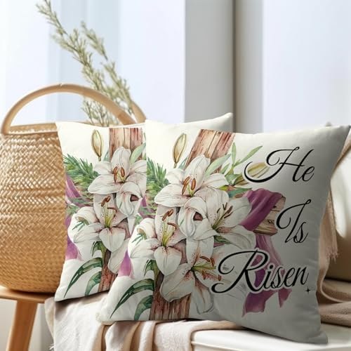 Easter Throw Pillow Covers 16x16 Inch Set of 2 He is Risen Cushion Case Spring Lily Flower Cotton Linen Square Pillowcases Happy Easter Pillows Protector for Home Sofa Party Couch Bed