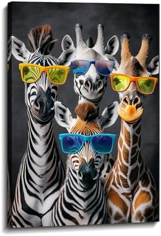 Zebra Canvas Wall Art Funny Zebras with Glasses Picture Black Poster Animal Painting Modern Prints Living Room Bedroom Home Office Decor Framed(12.00"x18.00")