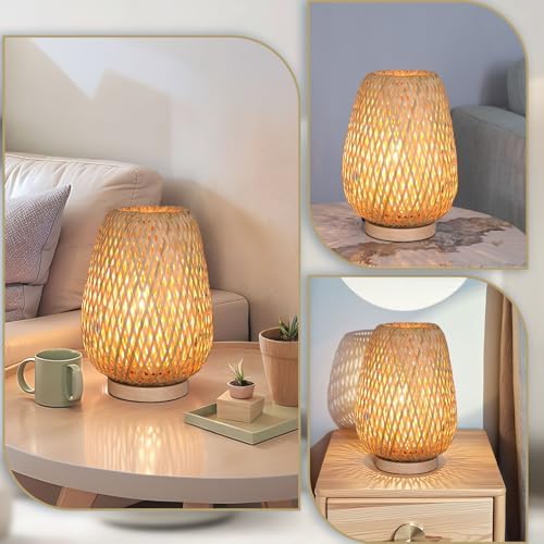 Rattan Table Lamp, Boho Bamboo Woven Small Beside Lamp, Vintage Wicker Wooden Nightstand Lights, End Table Lamp for Living Room Bedroom Desk, Kids Room