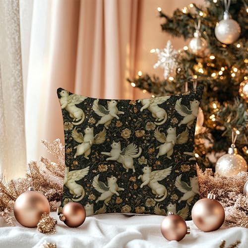 Retro Mythical Cats Floral Pillow Covers 18x18 Double-Sided, Cat Room Home Decor, Whimsical Magic White Cats Cottagecore Wildflower Botanical Decorative Throw Pillow Covers