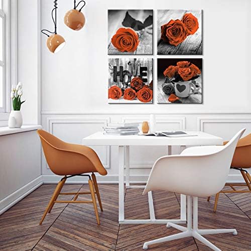 Burnt Orange Wall Art Black and White Living Room Wall Decor Red Rose Flower Canvas Prints Romantic Floral Pictures Love Sign Paintings Artwork Dining Room Kitchen Accessories Home Decorations 20x20”
