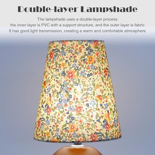 Vintage Wooden Night Lamp, Wood Base Fabric Lampshade, Adjustable Light Color and Brightness with Power-Off Memory, Safe USB Powered, Retro LED Table Light for Bedroom Living Room Office (Floral)