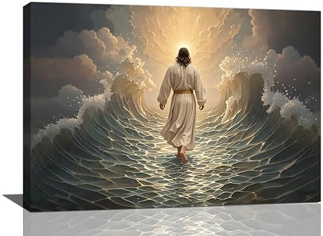 Jesus Walking on Water Wall Art Jesus Christian Spiritual Wall Decor Pictures Bible Story Canvas Prints Painting God Faith Artwork Decoration for Bathroom Bedroom Living Room Framed Gifts 20"x24"