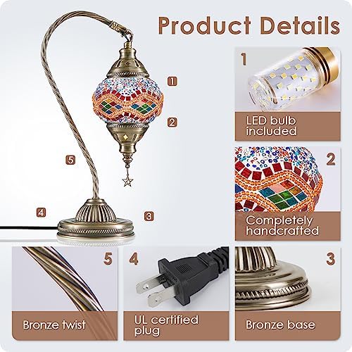 Yarra-Decor Turkish Moroccan Lamp with Bronze Base 3 Color Options Handmade Swan Neck Mosaic Glass Bedside Lamps for Bedroom (LED Bulb Included)(Orange2)