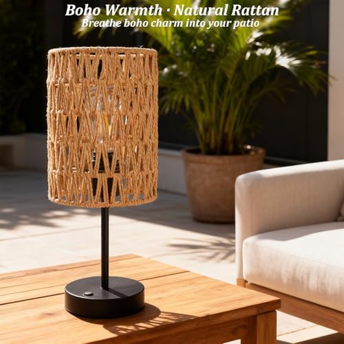 Rechargeable Outdoor Table Lamps, Rattan Boho Cordless Battery Operated Table Lamps, Patio Lamp for Living Room, Balcony, Bedside Decor- Set of 2 (Beige)