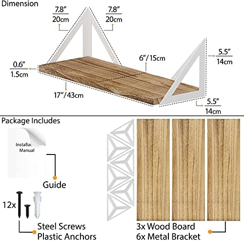 Wallniture Minori Wood Floating Shelves for Wall Storage, Wall Book Shelves for Living Room Decor, Geometric Triangle Shelf Set of 3, Burned Finish