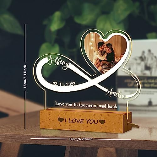 Personalized Photo Acrylic Sign Plaque Gifts for Anniversary Valentines Birthday Customizable LED Night Light Wooden Base Lamps Desk Bedroom Decor Signs