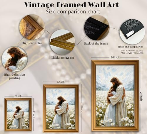 Vintage Gold Framed Jesus Wall Art Jesus Hugging Girl Christian Canvas Prints God Embracing Woman Picture Religious Beliefs Spiritual Painting Poster Artwork for Living Room Bedroom Church
