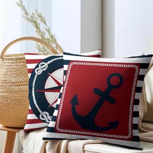 Anchor Compass Throw Pillow Cases Outdoor Nautical Pillow Covers Blue and White Stripes Decorative Cushion Cover 20x20 Inch Red and White Cotton Linen Pillowcases for Beach Coast Home Bedroom