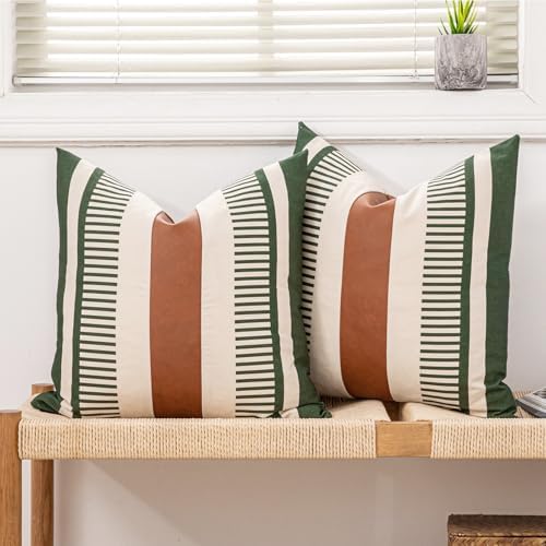 Decorative Farmhouse Throw Pillow Covers 18x18 Accent Faux Leather Pillowcase Rustic Boho Decor,Olive Green and Beige (Cover ONLY, Pack of 2)