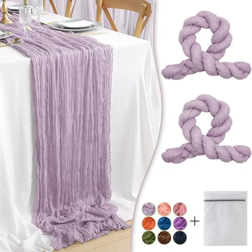 Lilac Cheesecloth Table Runner 2 Pack 35" Boho Gauze 120 inches Long Runner Rustic Sheer Fabric Bulk for Baby Shower Wedding Bridal Birthday Party Picnic Table Decorations
