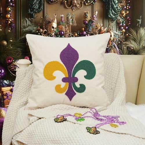 GEEORY Mardi Gras Cotton Embroidered Fleur de Lis Pillow Cover 18x18 Inch, Mardi Gras Decorations Farmhouse Home Decor Canvas Cushion Case for Living Room, Sofa & Bed GX018-1-18
