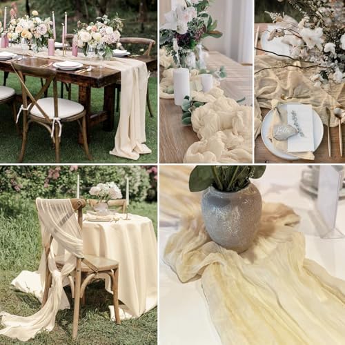 Cream Cheesecloth Table Runner 10FT Rustic Gauze Cheese Cloth Table Decorations 120 Inch Sheer Fabric Table Runners for Bridal Shower Birthday Party Home Decor
