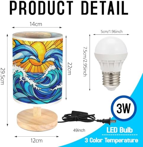 Dolphin Table Lamp LED 3-Color Pressed Bedside, Dolphin Shade Lamp with Wood Base for Bedroom Living Room Desk Office TL01
