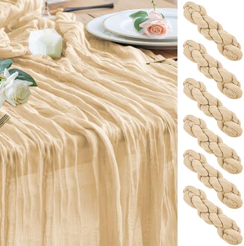 Wokceer Cheesecloth Table Runner Sand 10FT Boho Gauze Runner, 6 Pack