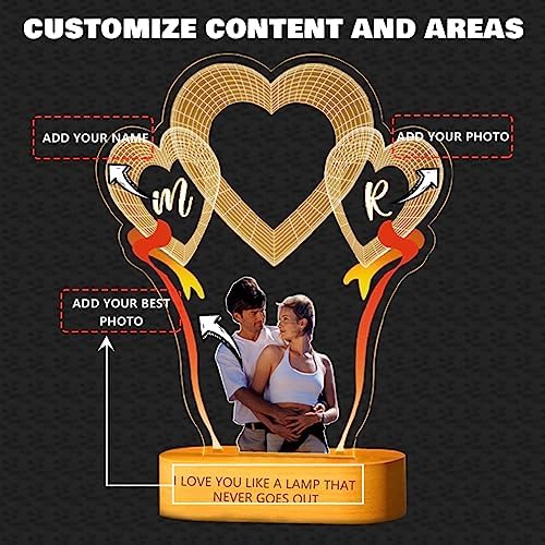 FolHaoth Personalized Photo Acrylic Love Sign Plaque Gifts for Couples Girlfriend Boyfriend Wife Husband Customizable LED Night Light Wooden Base Lamps Desk Bedroom Decor Signs