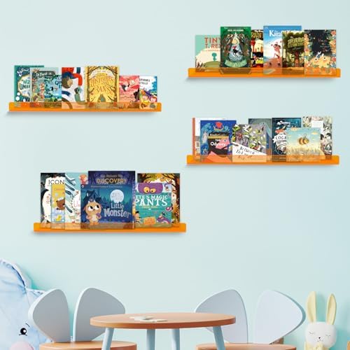 Dezzer 6 Pack Acrylic Shelves for Wall, 15" Acrylic Floating Shelves for Bathroom Bedroom, Invisible Bookshelf Wall Ledge Storage Shelf Books Perfume Toys Action Figure Display Shelves, Clear Orange
