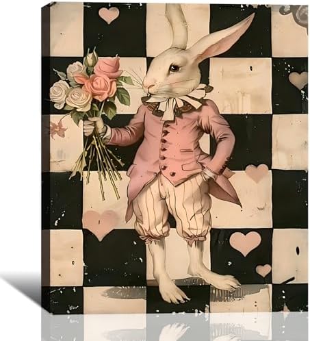 RIBNTAK Large Vintage Easter Rabbit Canvas Art, Whimsical Bunny Pictures for Living Room, Rustic Romantic Easter Canvas Print & Home Office Wall Decoration, 20x30 In