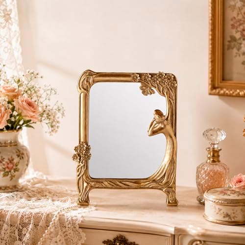 Vintage Gold Mirror Desk Decor -Antique Small Vanity Decorative, Rectangle | Table Art Nouveau with Stand, Cute Princess Frame, Tabletop Office Bedroom Furniture Room Bathroom Home Wall Accessories