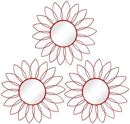 3 Pack Metal Mirrors for Wall Sunburst Wall Mirrors Home Décor Decorative Hanging Wall Art for Living Room Bedroom Entryway (Red, Flowers)