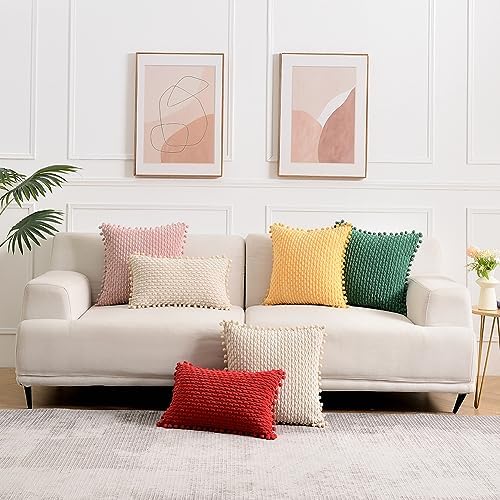 Fancy Homi Set of 2 Yellow Decorative Throw Pillow Covers 22x22 Inch with Pom-poms for Couch Bed Sofa, Modern Farmhouse Boho Home Decor, Soft Plush Corduroy Cute Cushion Case 55x55 cm
