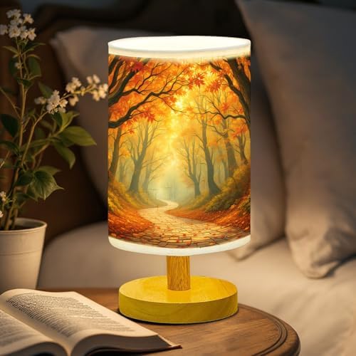 Autumn Forest Table Lamp LED 3-Color Pressed Bedside, Autumn Forest Shade Lamp with Wood Base for Bedroom Living Room Desk Office TL01