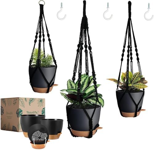 Bouqlife 3 Pack Self Watering Hanging Planters Macrame Plant Hangers with Indoor Flower Pots, 3 Different Size Hanging Basket, Plant Hanger with Hooks for Garden Home Decor Black