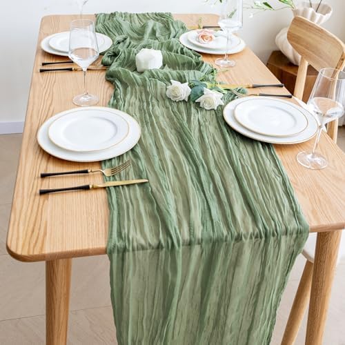 Wokceer Cheesecloth Table Runner Sage Green 10FT Boho Gauze, 6 Pack