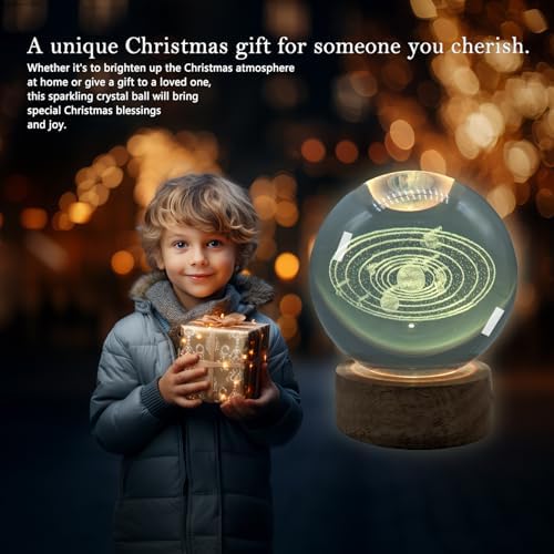 3D Crystal Ball 3.15" With LED Lamp, Colorful Wooden Base Night Light, Removable Glow Ball, Color Changing Light With Remote (4-SolarSystem)