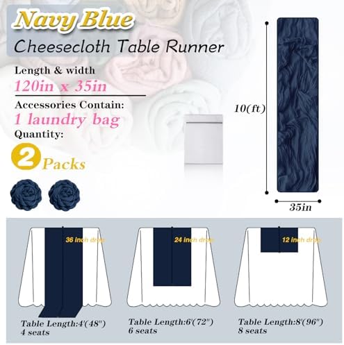 Navy Blue Cheesecloth Table Runner 2 Pack 35" Boho Gauze Table Runner 120 inches Long Runner Rustic Sheer Fabric Bulk for Baby Shower Wedding Bridal Birthday Party Table Decorations