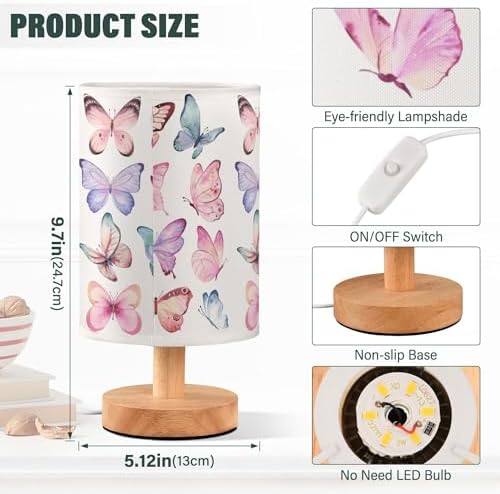 Table Lamp Colorful Butterflies Pink Blue Butterfly Nightstand Lamp with Wood Base Fabric Lamp Shade Bedside Desk Lamp for Living Room Bedroom Kids Room Office