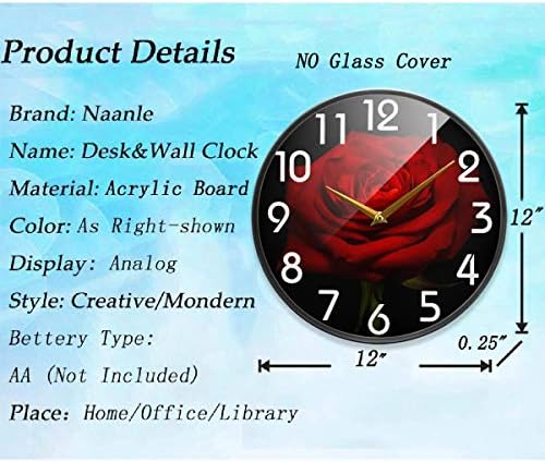 Naanle Beautiful Red Rose Print Round Wall Clock, 12 Inch Silent Battery Operated Quartz Analog Quiet Desk Clock for Home,Office,School