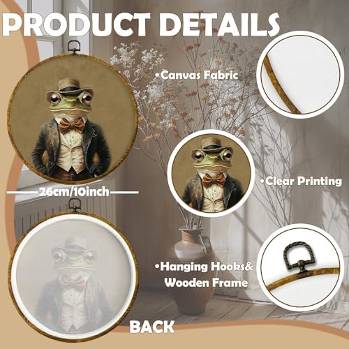 CUANFDDSF Vintage Frog Gentleman Round Wall Art, Dark Academia Whimsical Animal Framed Hanging Wall Decor, Retro Toad Frog Lover Gifts Canvas Prints Decorations for Home Living Room, 10x10 Inch