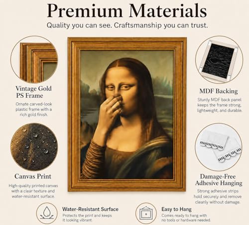 CXKAWM Gold Framed Funny Mona Lisa Holding Nose Bathroom Wall Art12 x 16 in | Mona Lisa Bathroom Wall Decor Picture Humor Amusing Toilet Poster Print for Restroom Bathroom Home decoration