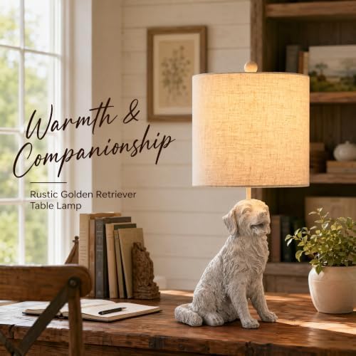 24.75" Sitting Golden Retriever Lamp, Whitewash, Textured Linen Shade