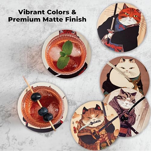 Ninja Cat Coasters Set of 6 - Funny Coasters Anime Cat Gifts for Men