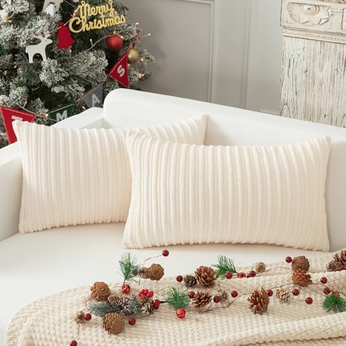 Kevin Textile Striped Corduroy 12”x20” Pillow Covers 2 Pack, Cream White